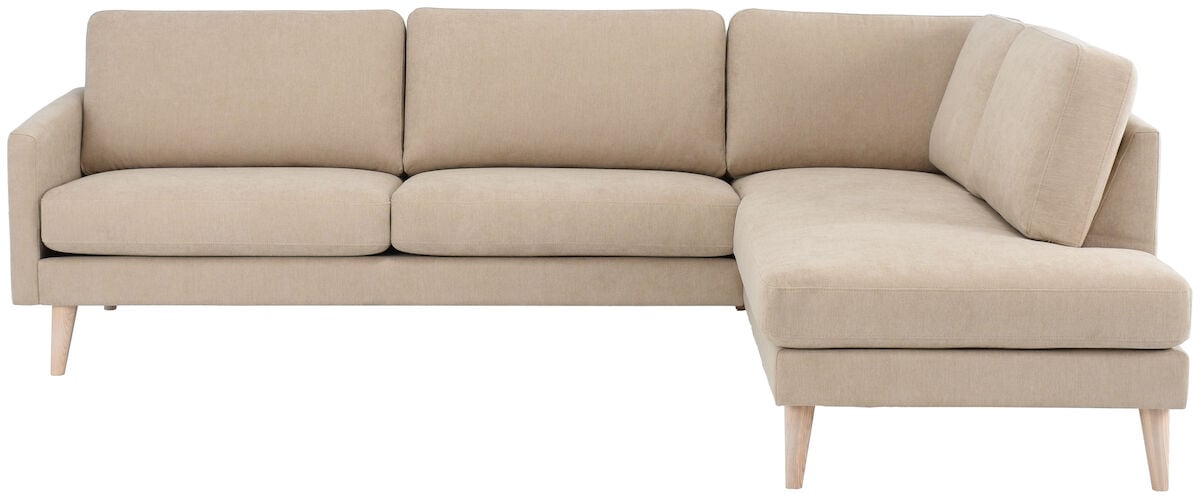 Saarni avokulmasohva oikea beige Thomas 06, jalat RI-18 valkoinen öljytty tammi