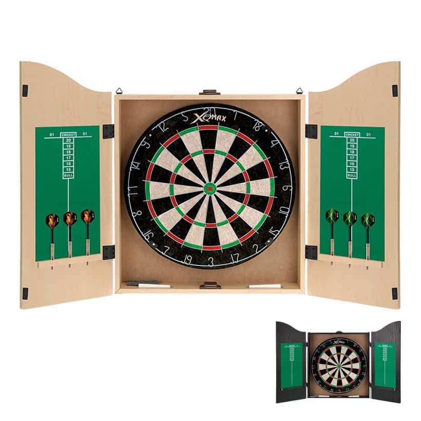 XQ Max Home Centre Darts-taulu kaapissa + 6 kpl tikkoja ym. - vaalea puu