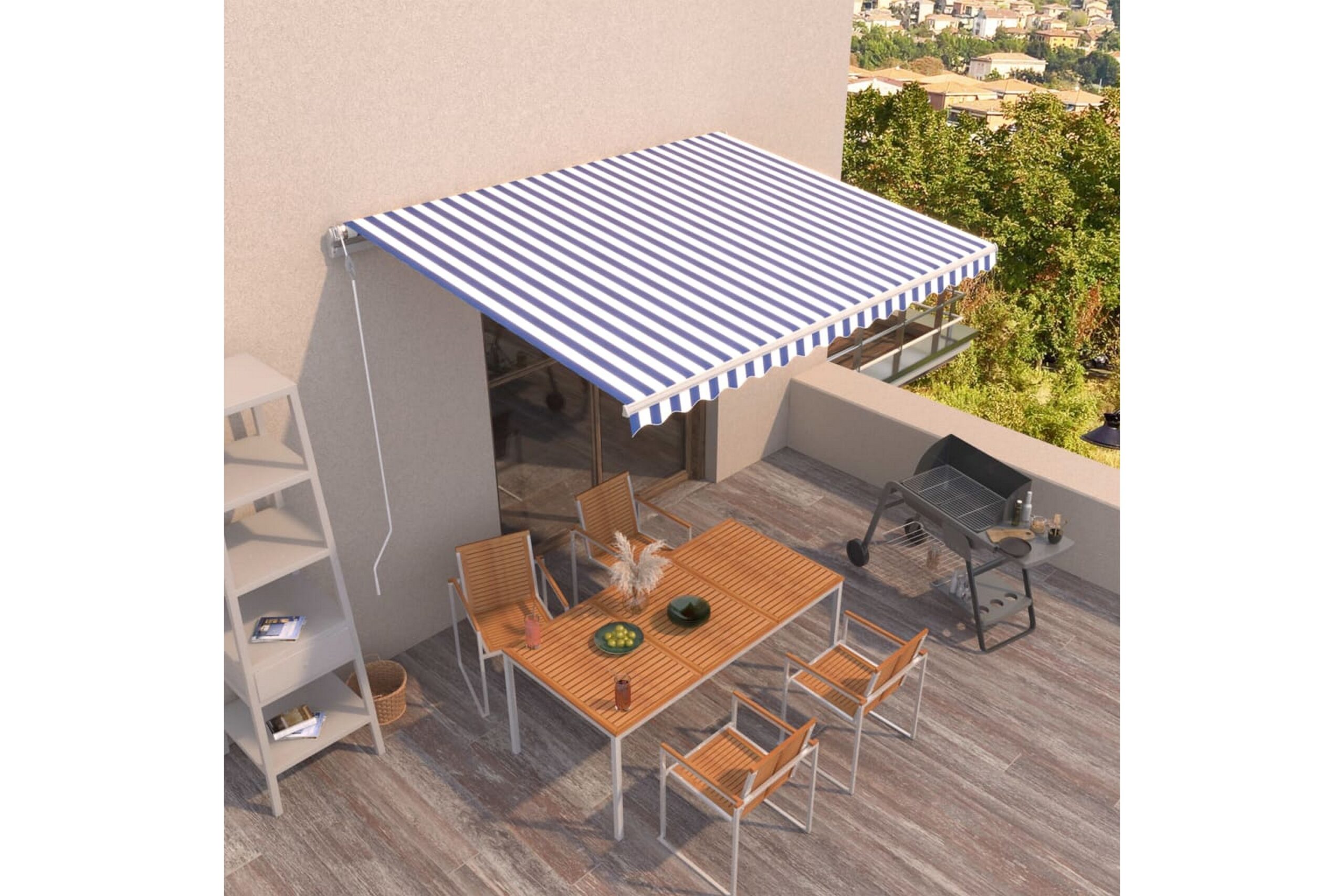 Automaattisesti sisäänkelattava markiisi 400x350cm sinivalk. -