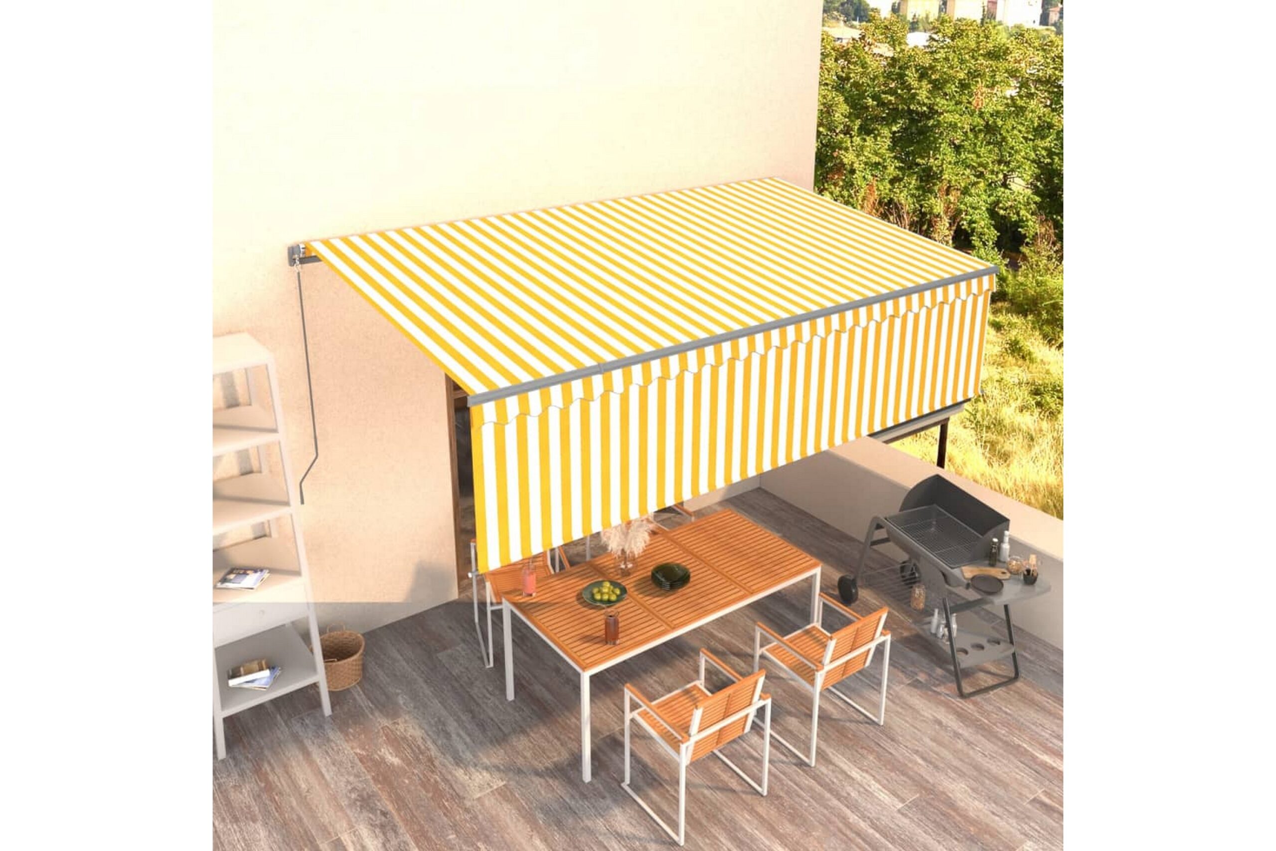 Manuaalisesti kelattava markiisi verhoilla 5x3 m -