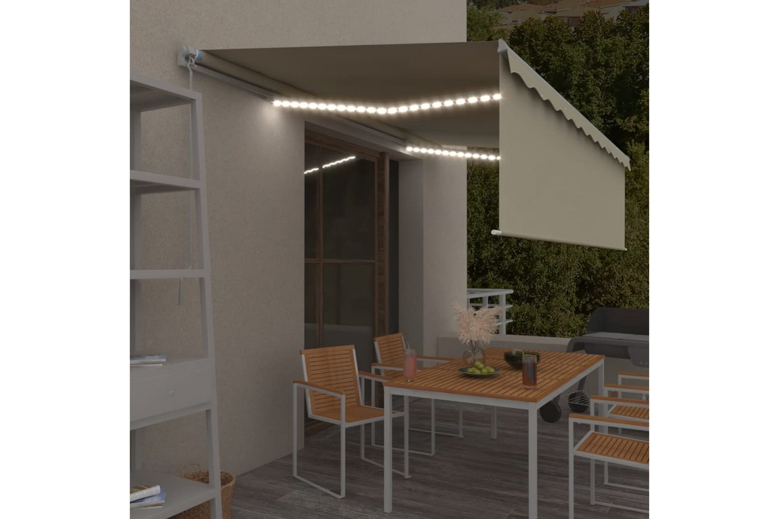Manuaalisesti kelattava markiisi verho/LED 5x3 m kerma -