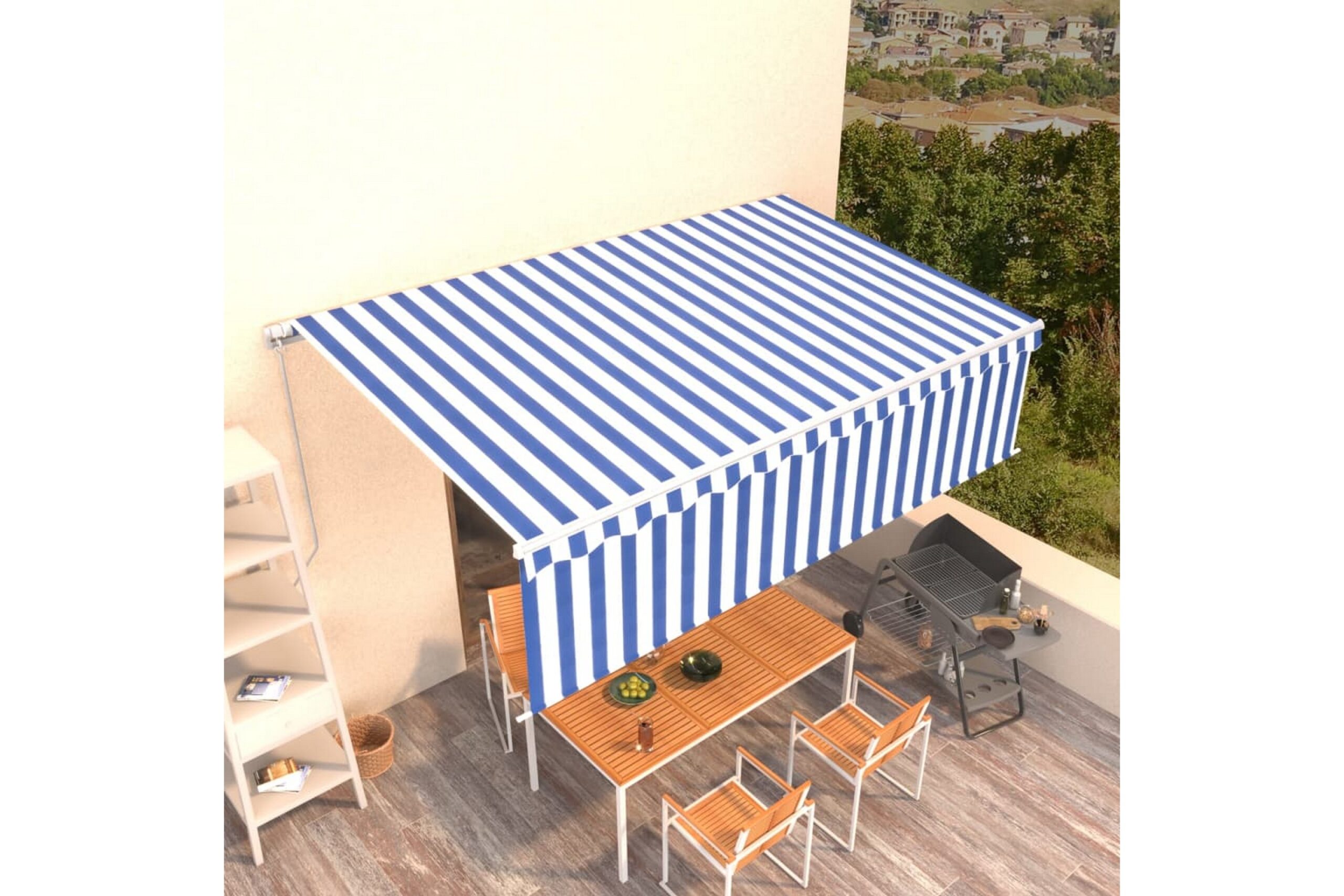 Manuaalisesti kelattava markiisi verhoilla 5x3 m -