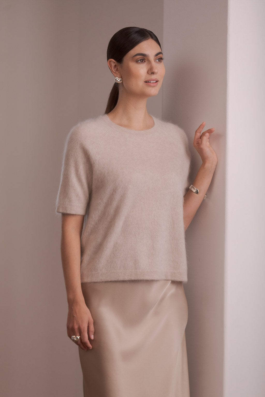 Karlie Short Sleeve Cashmere Sweater Latte